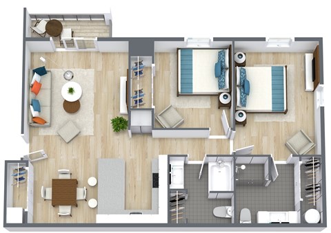 Floor plan for 2 beds, 2 baths, 960 sqft